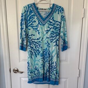 Barbara Gerwit Blue and White V-Neck Dress - M